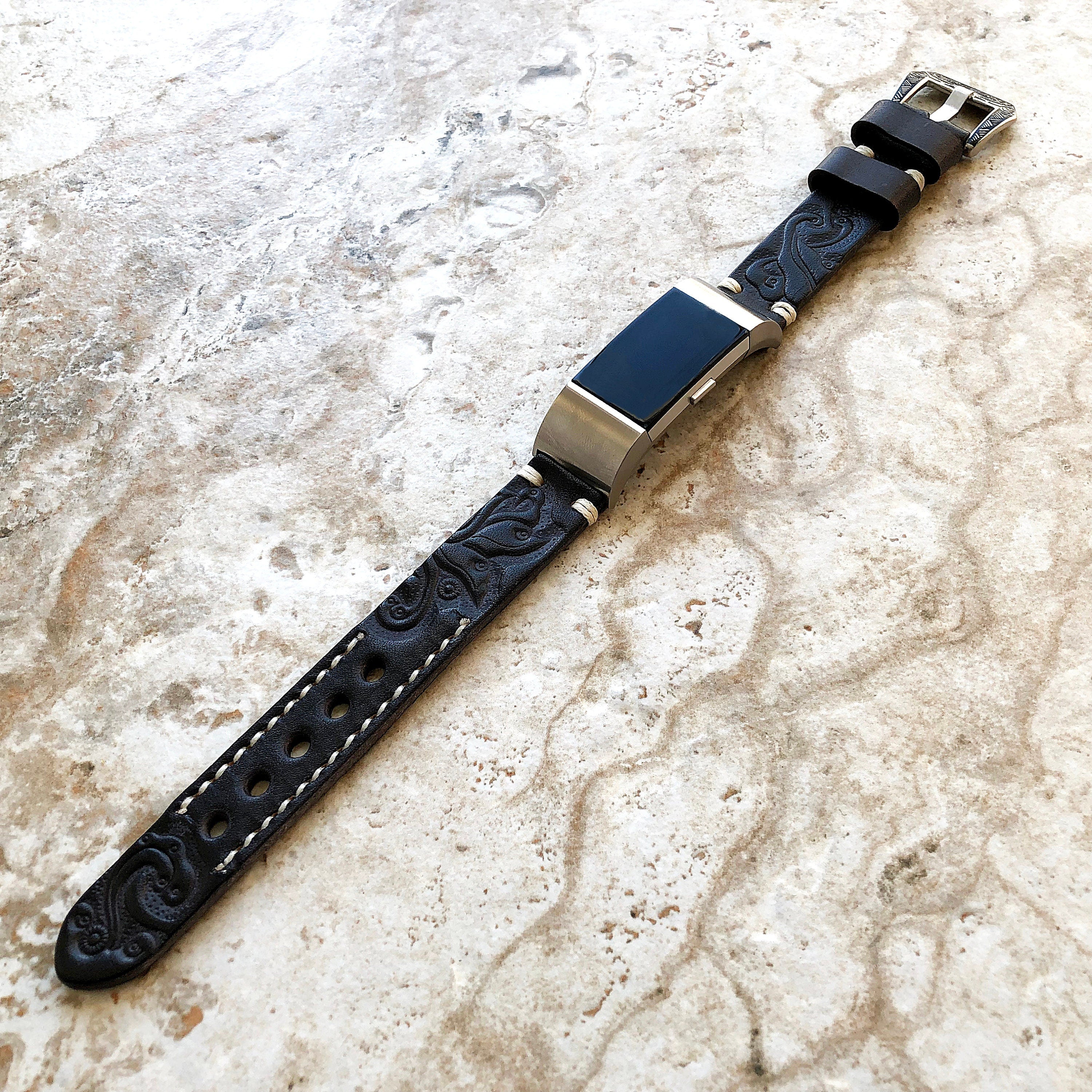 Fitbit Charge 2 Black Gray Tooled Embossed Leather Band Strap Bracelet Compatible with Fitness Tracker Wristband w Adapters Quick Release